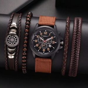 Montre Homme Style Militaire avec Bracelets en Cuir et Perles