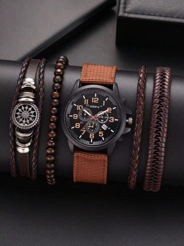 Montre Homme Style Militaire avec Bracelets en Cuir et Perles